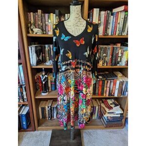 Johnny Was Sandra Multicolored Butterflies Floral Print Tiered Dress Women's M